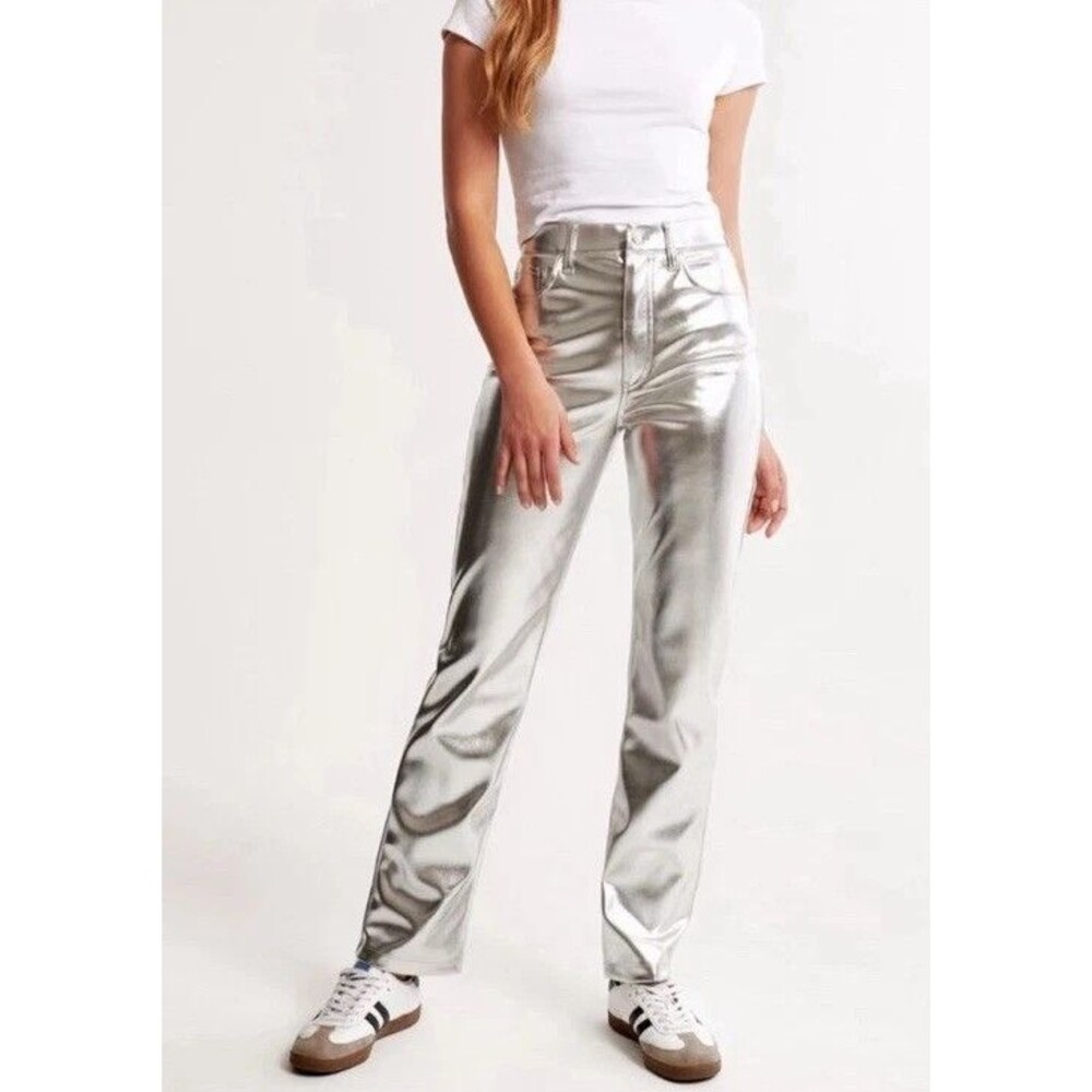 Abercrombie & Fitch Pants Womens 4 Silver Faux Leather 90s Straight High Rise